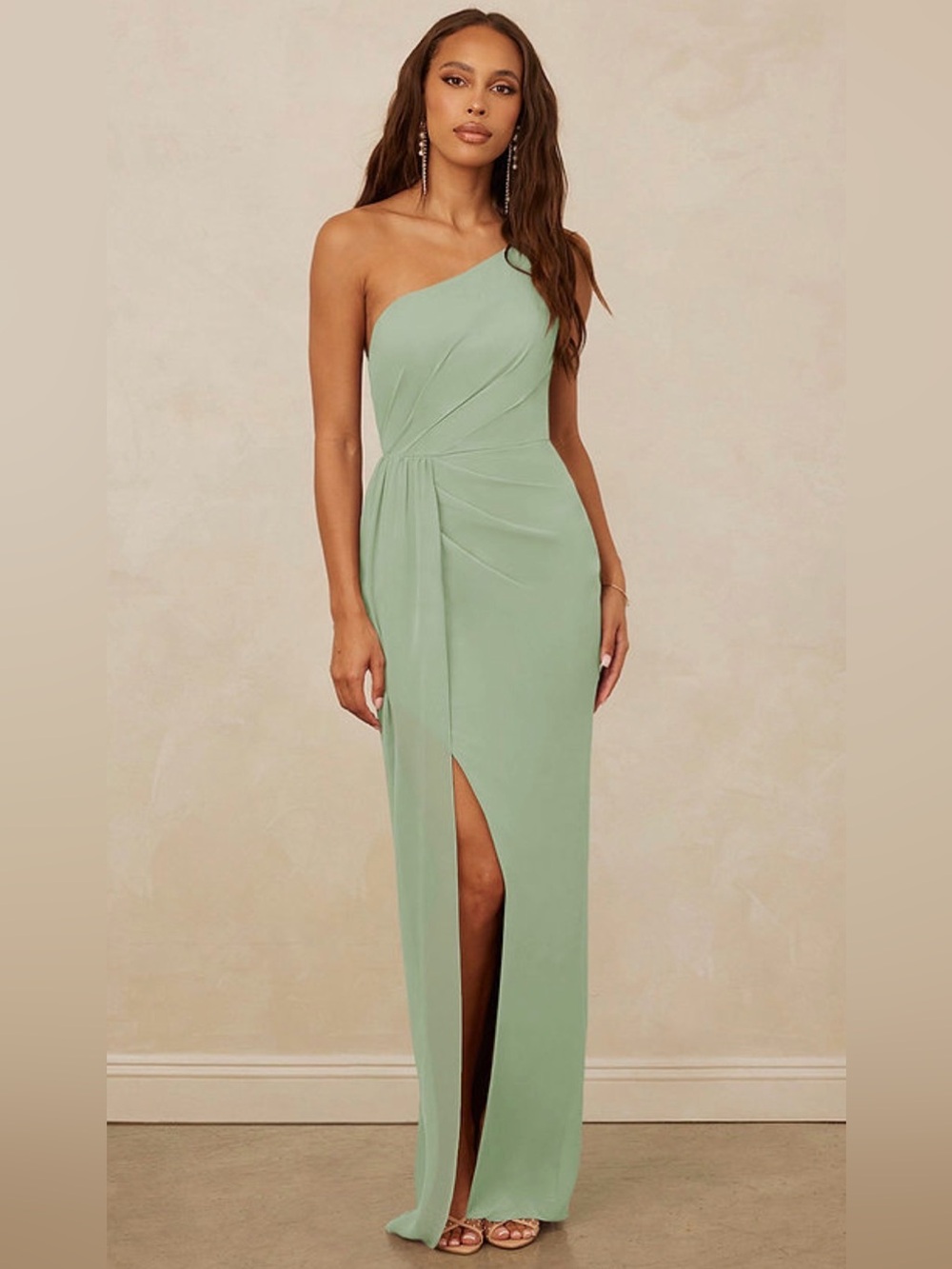 One-Shoulder Sage Green Evening Gown